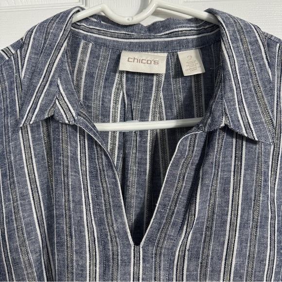 Chico's Sz. 2 (L) tunic, blue/metallic, linen blend, v-neck, flowy, lightweight - Picture 3 of 12